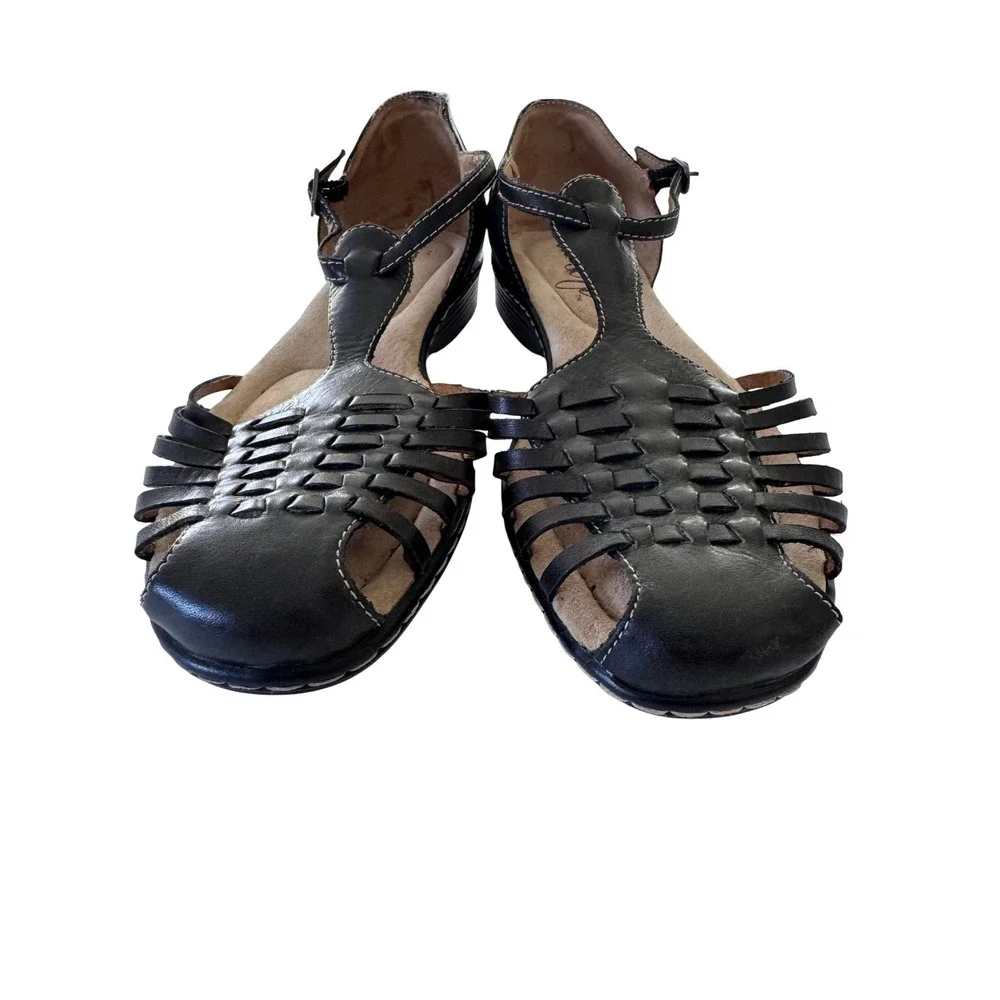 Eurosoft Allison Black Leather Woven Sandals 8M Comfort Vintage Style Boho